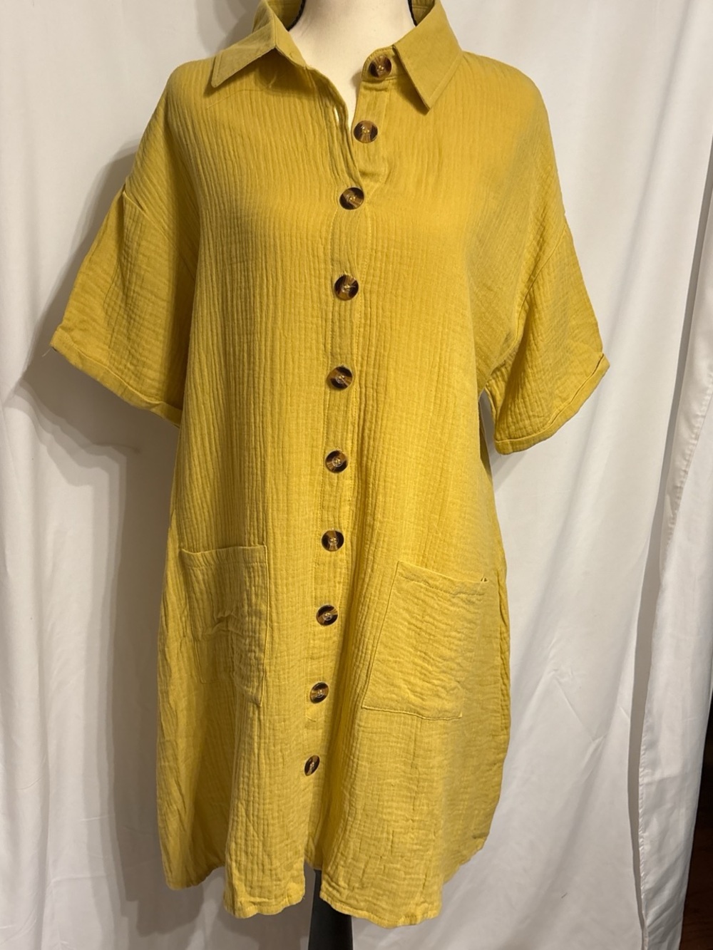Button-Front Mustard Yellow Gauzy Shirt Dress SZ L